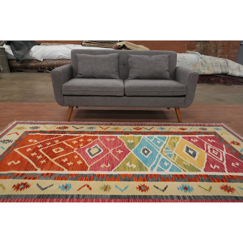 Hand Woven Oriental 100% Wool Carpet Southwestern Tribal Multi-Colored Kilim Area Rug - 8' 1'' X 4' 10''