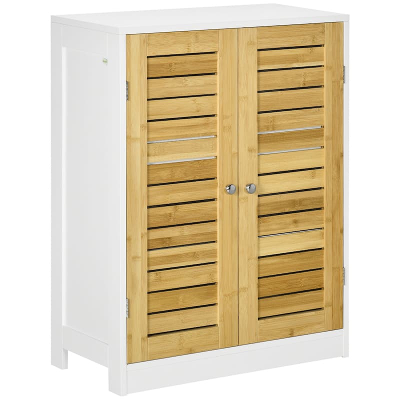 kleankin Bathroom Floor Cabinet, Side Storage Organizer Cabinet with Bamboo Doors, Adjustable Shelves, White and Natural