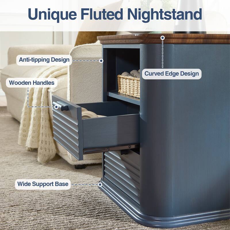 22" Fluted Night Stand with Charging Station, End Table with 2 Drawers & Open Storage, Side Tables Curved Profile Design