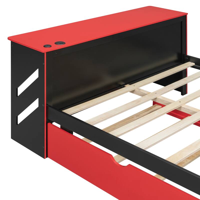 Modern Wood Daybed with Twin Trundle, Desk, and USB Port in Red