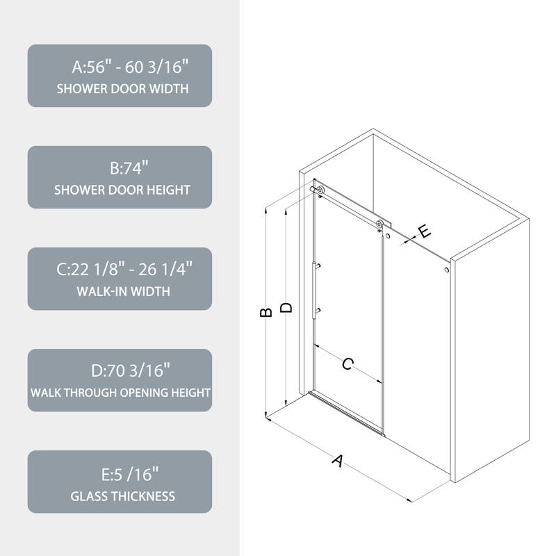60"W x 74"H Frameless Single Sliding Shower Door with 5/16" Tempered Glass - 60'' x 74''