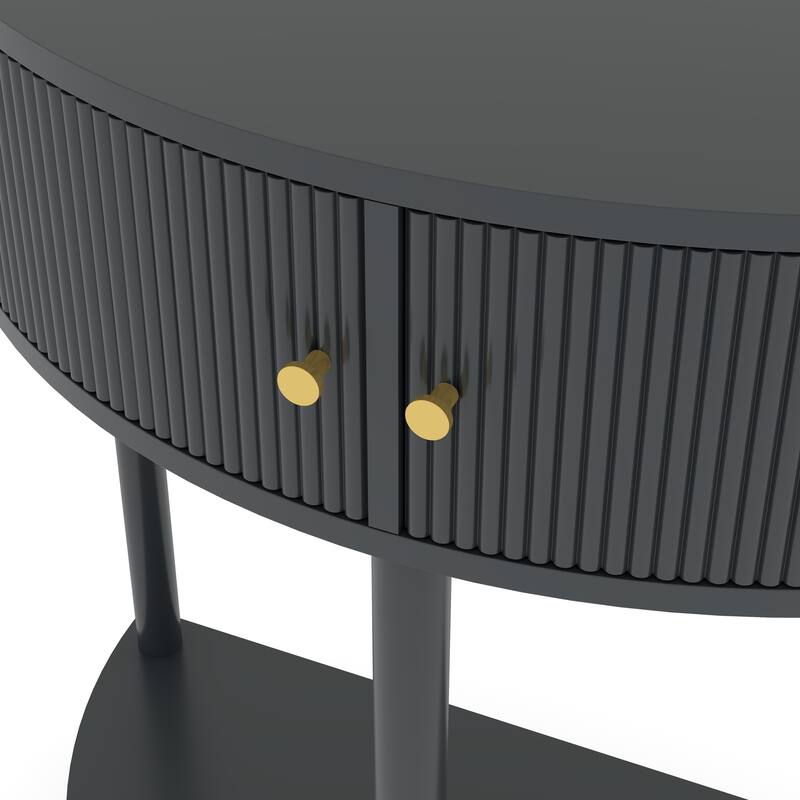 Wave-Pattern Console Table with Dark Gray Finish,Unique Half Moon Design End Table with 2 Storage Drawers and Bottom Shelf