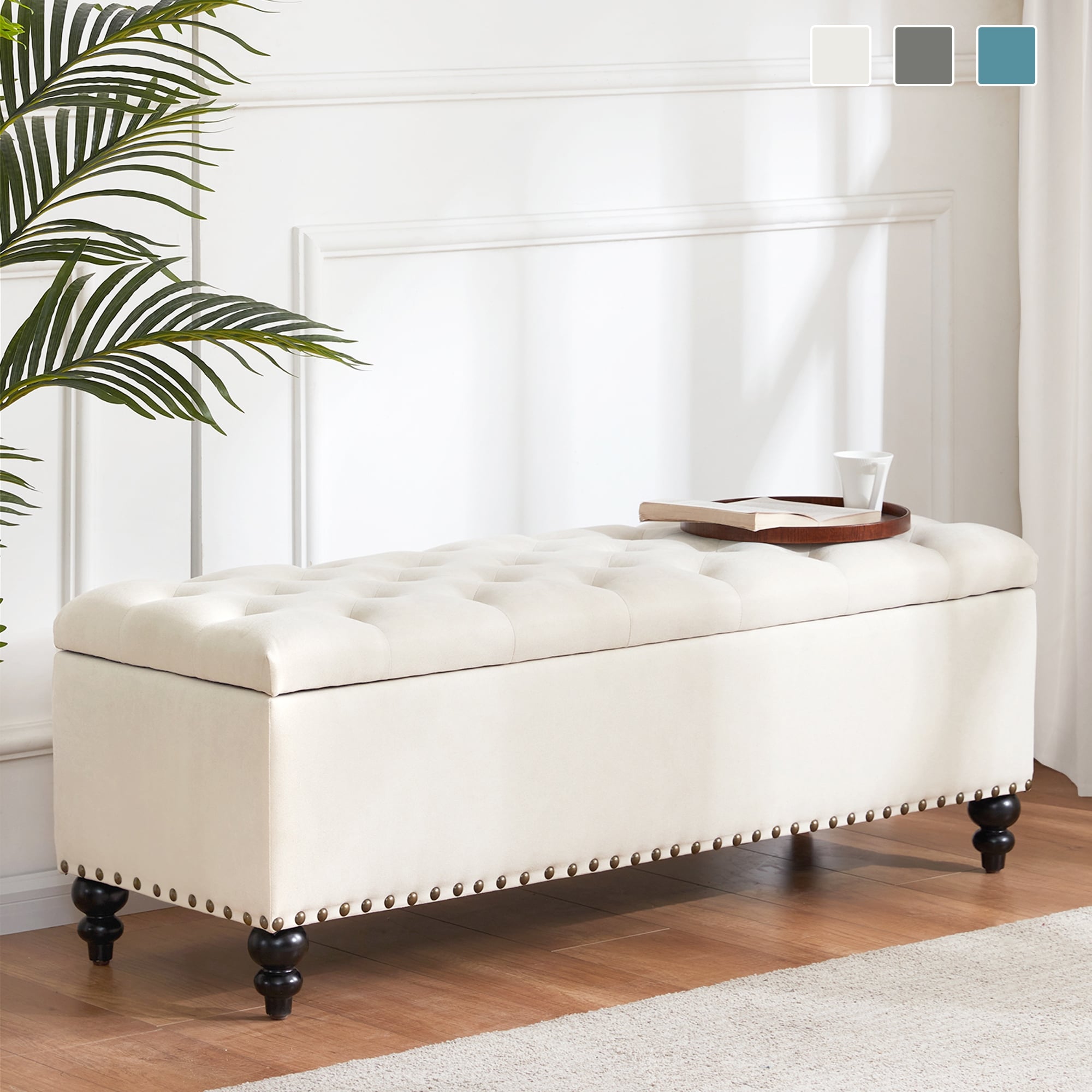 HUIMO Button-Tufted Storage Bench for Bedroom 50.3"W x 17.5"D x 18"H Bottom rivets design