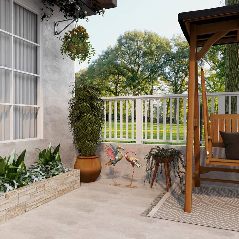 Multi Colored Metal Indoor Outdoor Embossed Standing Flamingo Decorative Garden Sculpture with Coiled U Shaped Feet (Set of 2)