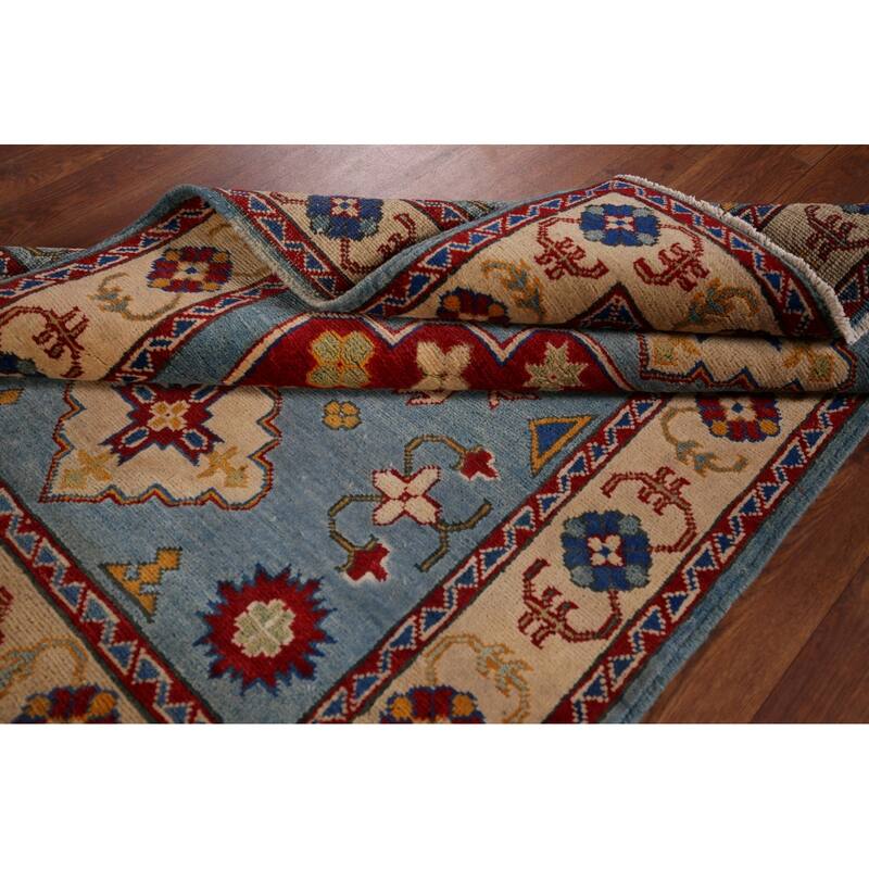Light Blue Geometric Kazak Oriental Accent Rug Handmade Wool Carpet - 3'6" x 4'11"