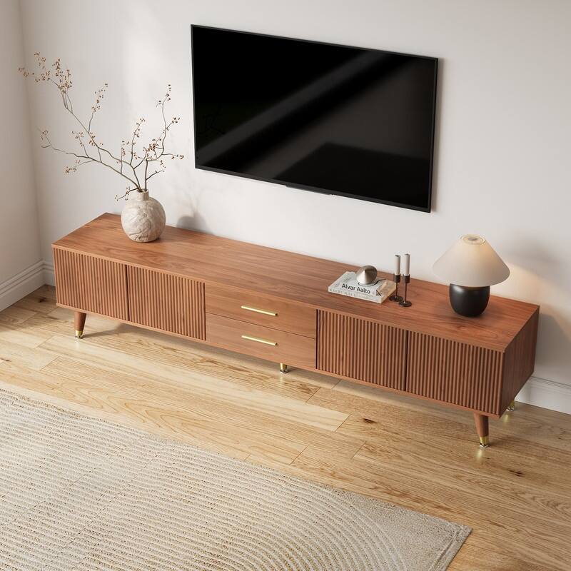 71" Mid Century Modern Brown TV Stands, Solid Wood Veneer with 2 Drawers & Cabinet, Pre-Assembled