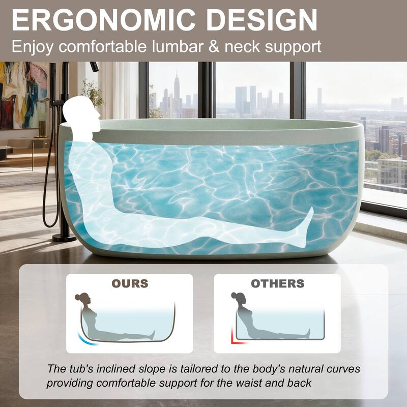 Solid Surface Freestanding Soaking Bathtub with Center Drain and Pop-up Drain, Modern Tubs with Overflow