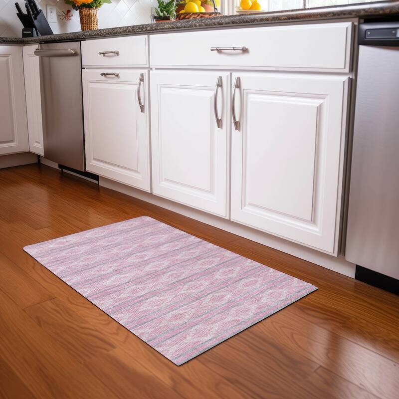Machine Washable Indoor/ Outdoor Diamond Stripe Chantille Rug - Pink - 1'8" x 2'6"