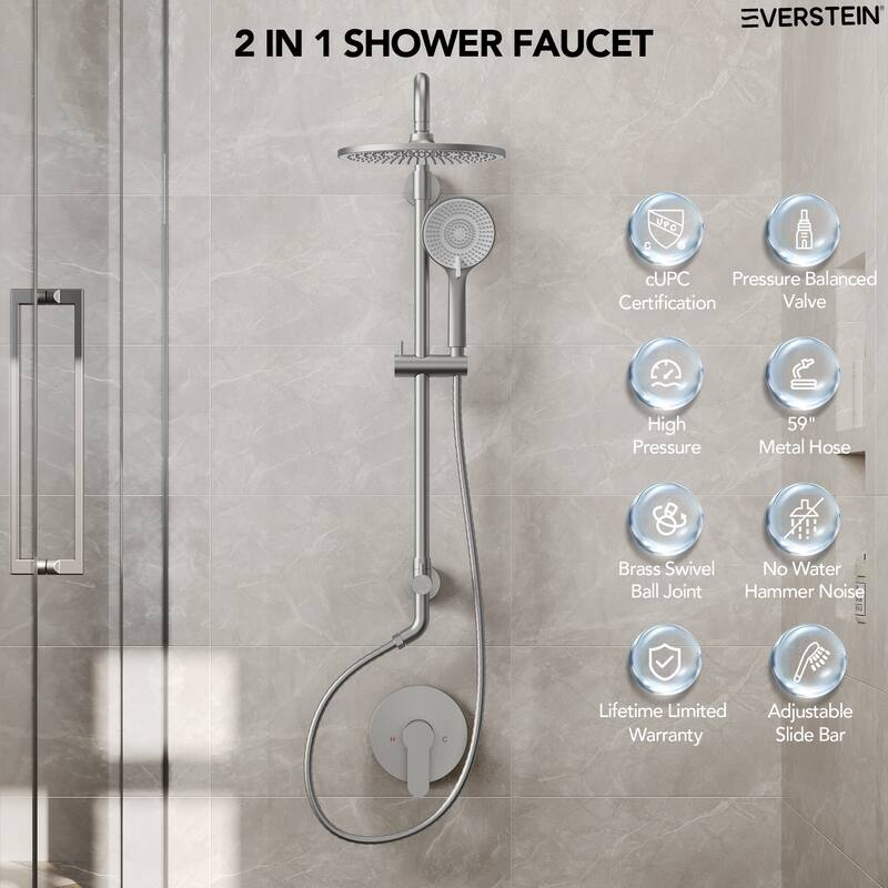 Wall Mount Pressure-Balanced Shower System 10"Rainfall Shower Head with Slider Bar Handheld