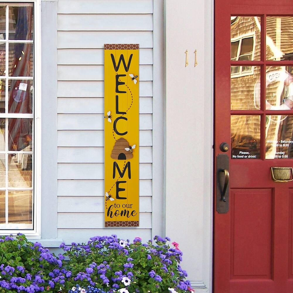 Glitzhome 42"H Solid Wood WELCOME Porch Sign with Bee Outdoor Decor