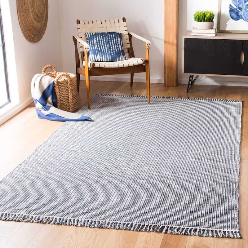 SAFAVIEH, Handmade Montauk Cliff Stripe Flatweave Cotton Fringe Rug - 3' x 5' - Ivory/Navy