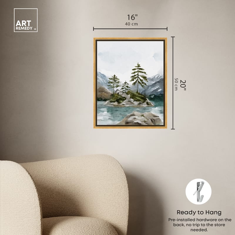 Art Remedy Cold Winter Lake Framed Landscape 1 Piece Canvas Wall Art Watercolor Style