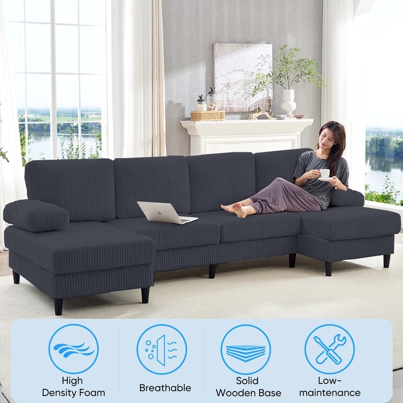 Mixoy W110"U-Shaped Sectional Sofa Couches with Double Chaises and Sleepable Armrests,Corduroy Upholstered 4-Seater Sofa