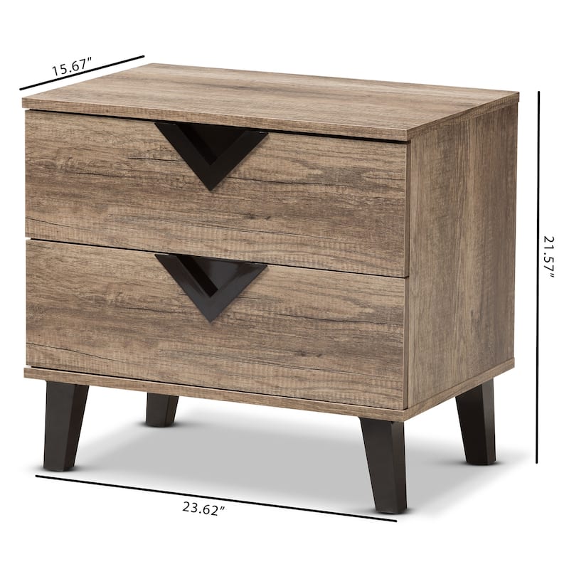 Modern Nightstand 2 Drawer Bedside Table, Oak Veneer & Black Accents, Bedroom Storage Organizer