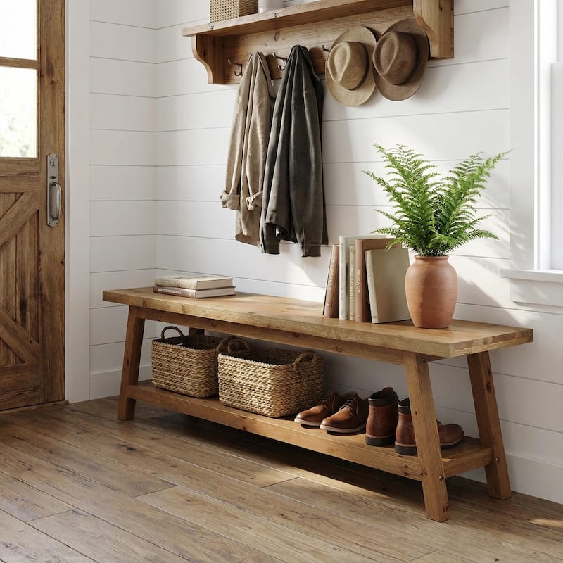 Solid Wood Shoe Bench with 2-tier Storage - Brown