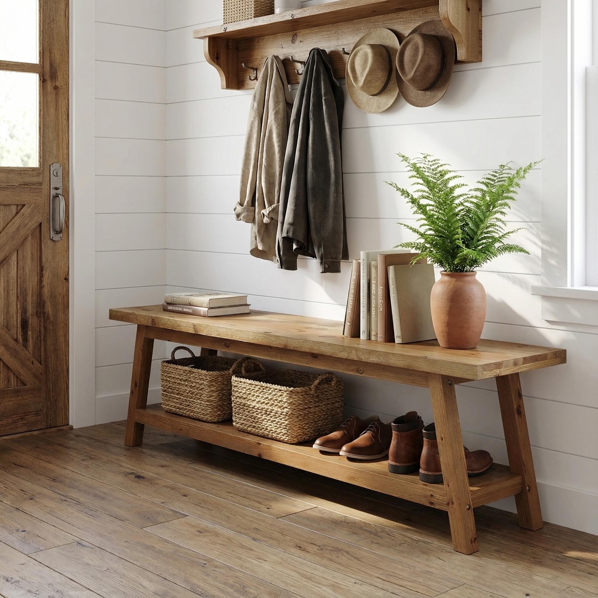 63-Inch Long Solid Wood Shoe Bench with Storage Shelf