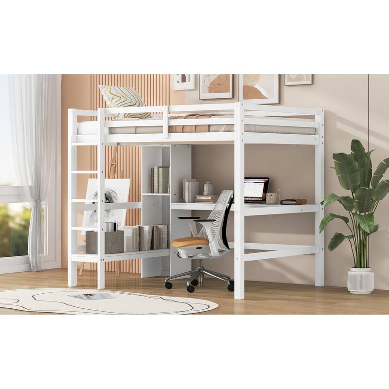 Full Size Pinewood Loft Bed with Under-Bed Desk and Multifunction Shelves