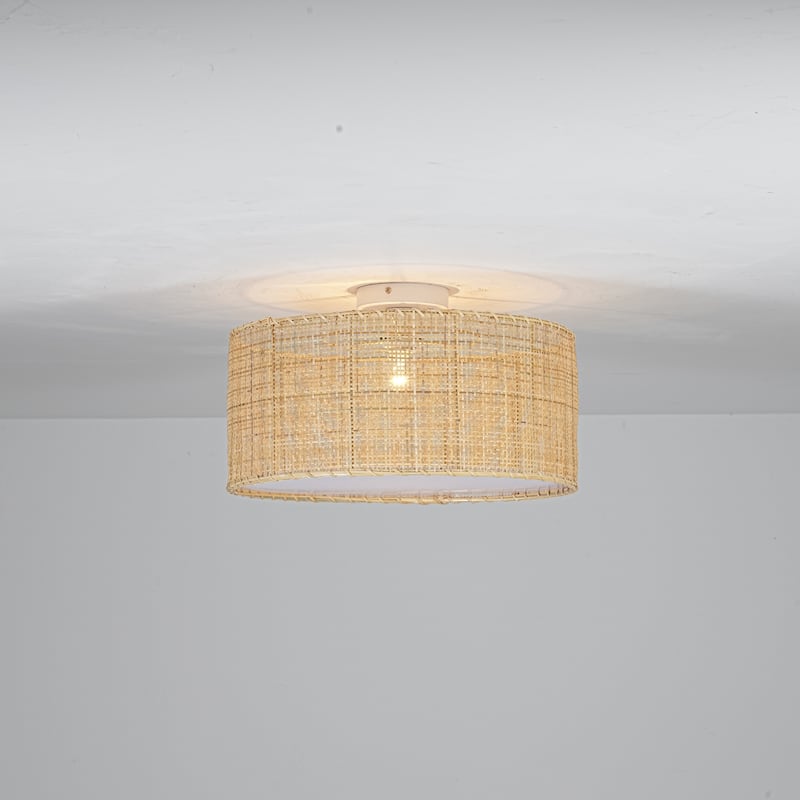 17.7" Boho Coastal Hand-Woven Natural Rattan with Matte White Hardware Semi-Flush Mount Ceiling light for Hallways - Beige/White - 17.7 in. W x 10.4 in. H x 17.7 in. D