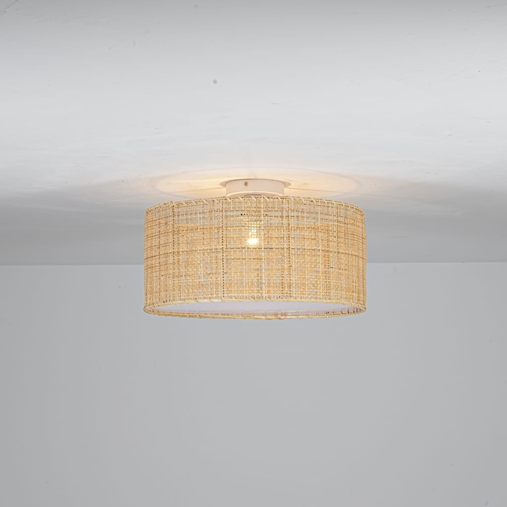 17.7" Boho Coastal Hand-Woven Natural Rattan with Matte White Hardware Semi-Flush Mount Ceiling light for Hallways