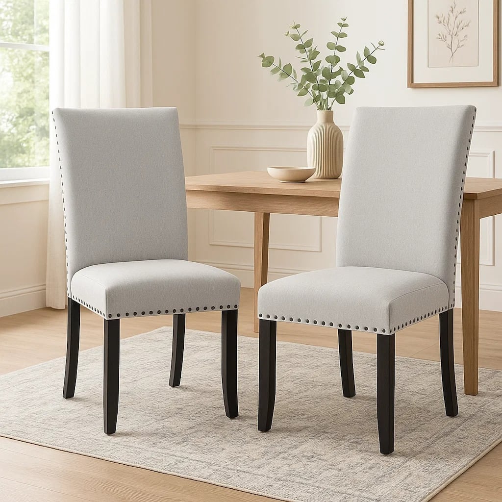 Viem Dining Chair Set of 2, Black Wood, Gray Fabric Seat, Nailhead Trim