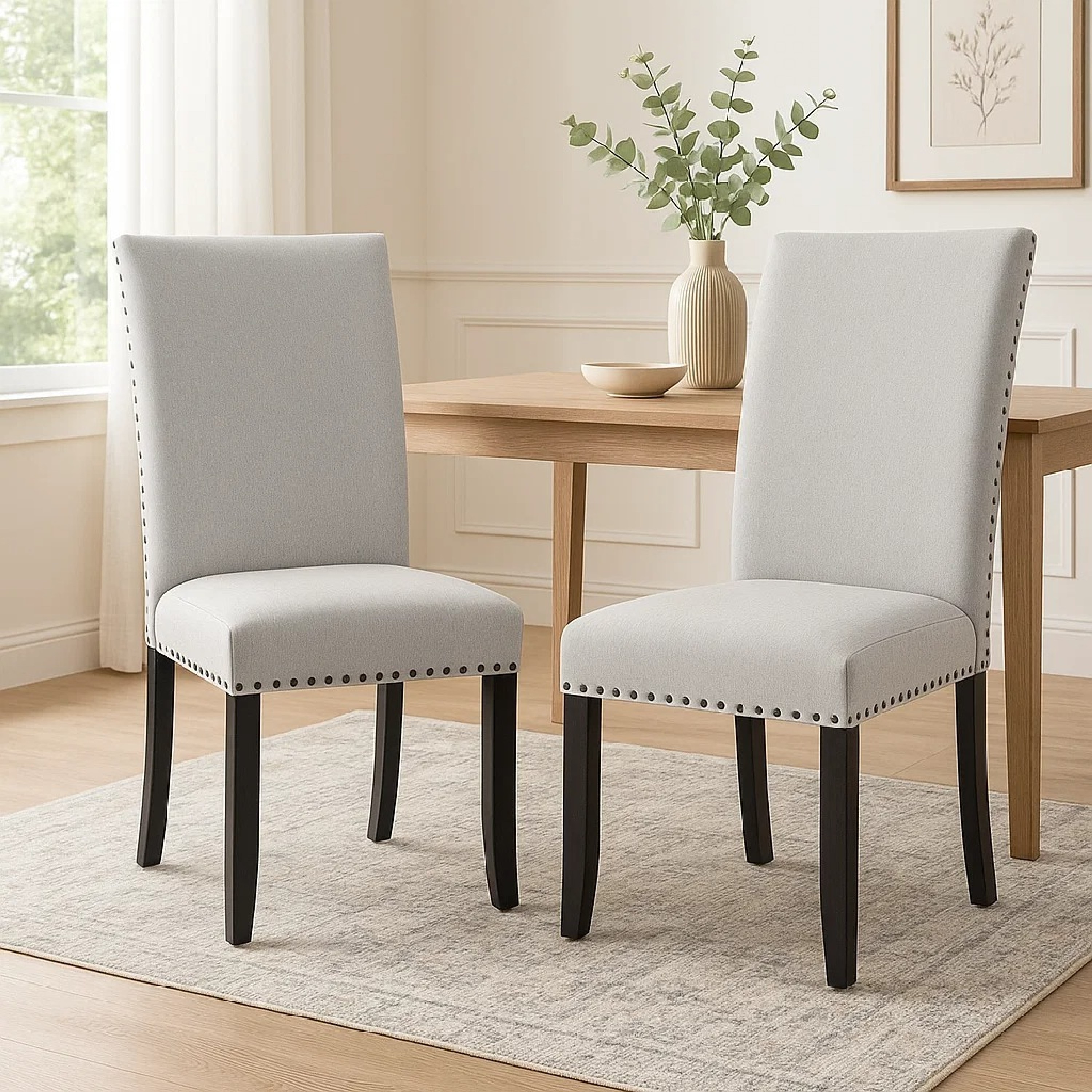 Viem Dining Chair Set of 2, Black Wood, Gray Fabric Seat, Nailhead Trim