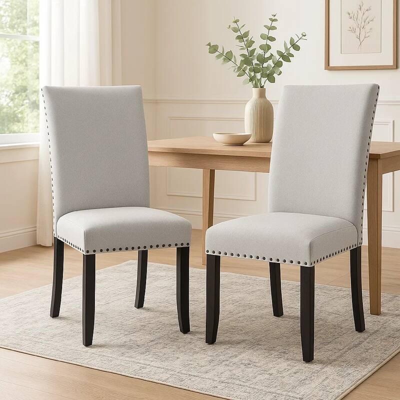Viem Dining Chair Set of 2, Black Wood, Gray Fabric Seat, Nailhead Trim