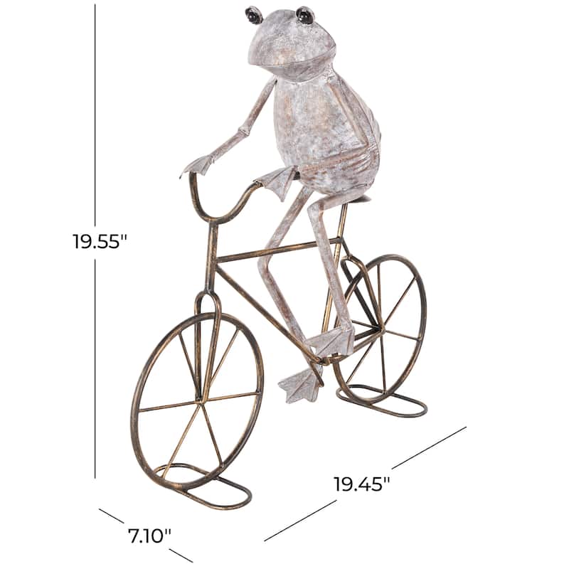 Metal Frog On Bicycle Garden Sculpture with Gold Accents - Green or Copper - Roche River Decor