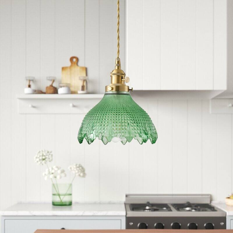 Modern 1 Light Dark Green Glass Pendant Light Electroplated Brass Ceiling Fixture