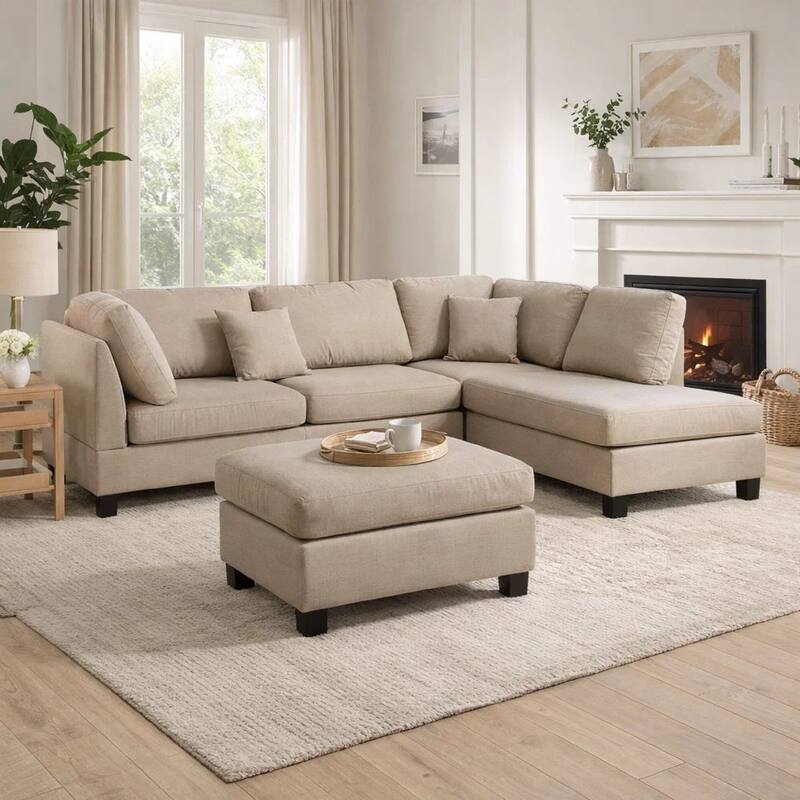 Linen Fabric 3 Pieces Sectional In Sand Beige