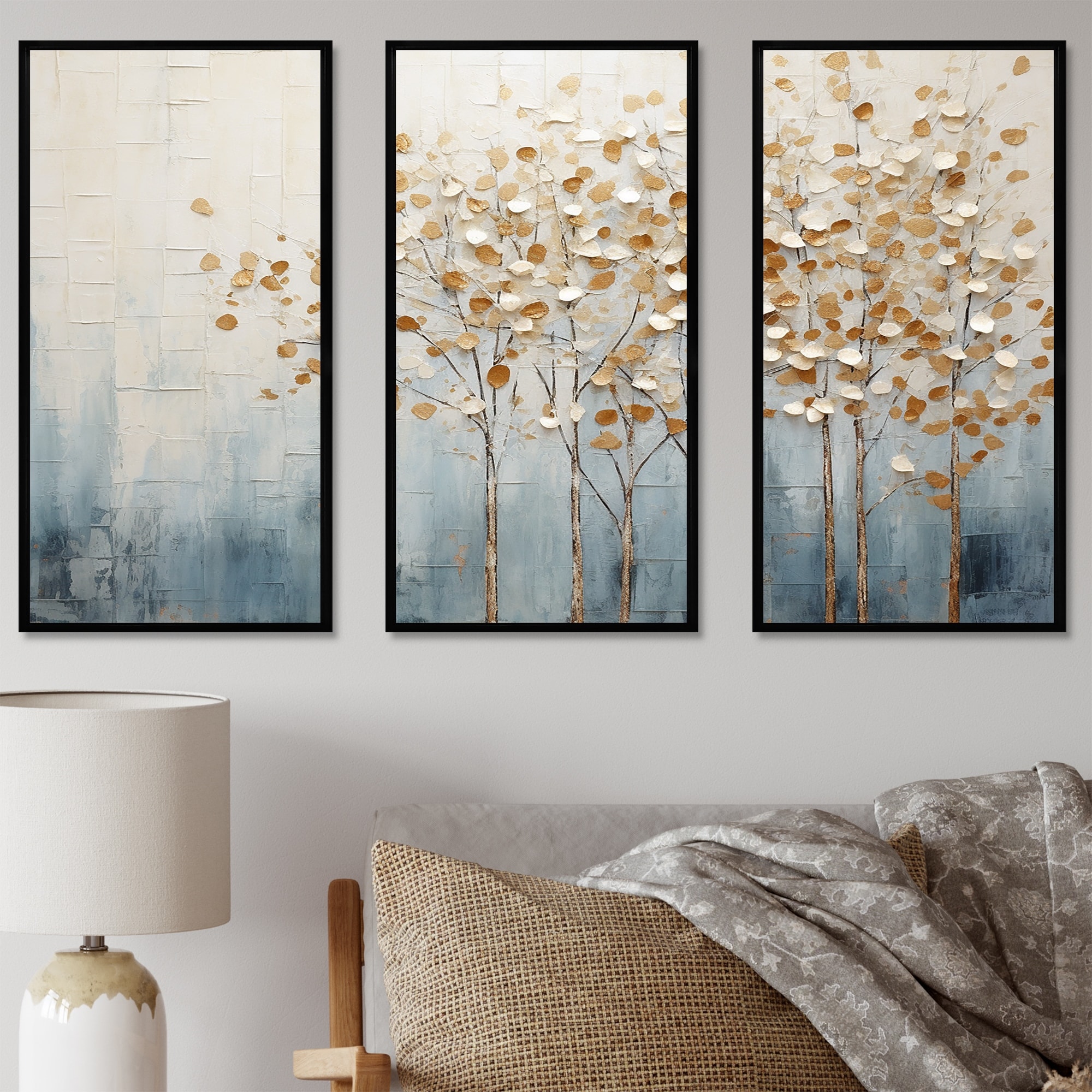 Designart "Gold And Blue Trees Harmony V" Trees Framed Art Set of 3 - Traditional Wall Art Set Beige Wall Decor 3 Pieces