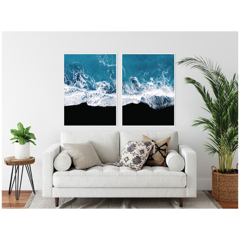 Kate and Laurel Sylvie Minimalist Ocean Waves on Beach Framed Canvas Art Set by Michael Schauer