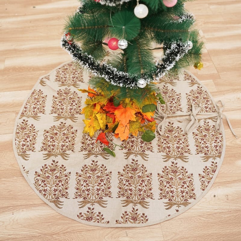 Fabdivine Hand Block Floral Soft Pure Linen Fabric Home Décor Christmas Tree Skrit
