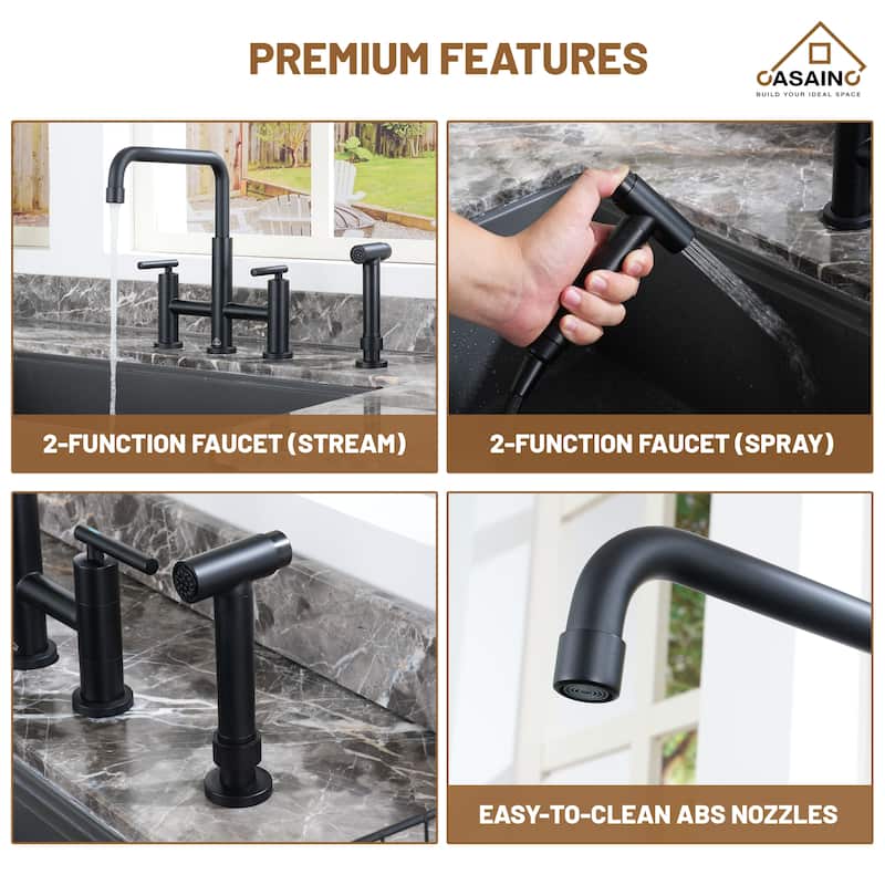 Double Handle Bridge Kitchen Faucet with Pull-Out Side Sprayer