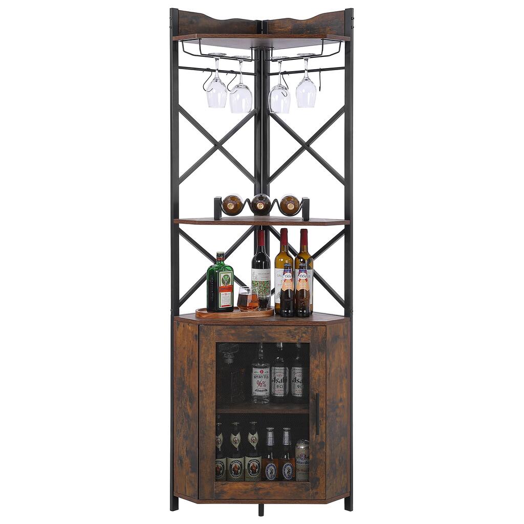 5-Tier Corner Bar Cabinet with Glass and Wine Rack for Home for Living Room, Kitchen - brown