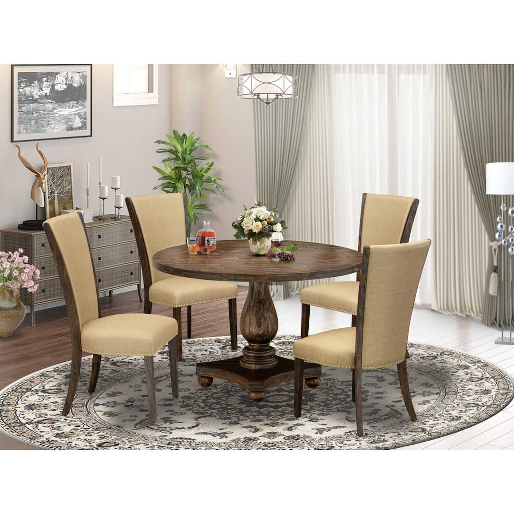 HomeStock 5-Piece Round Distressed Jacobean Finish Solid Wood Top Dining Table with 4 Parson Chair