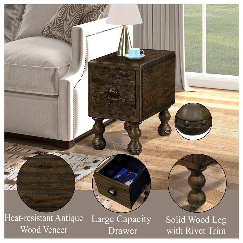 Solid Wood End Table, Rectangle 23.6 inch Narrow Side Table with Drawer, Vintage Bedside
