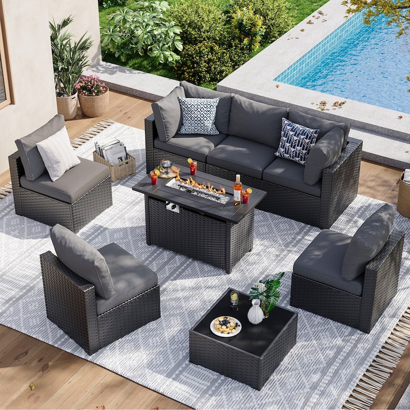 Wicker Rattan Patio Sectional Sofa Set - 8 PCS - Grey