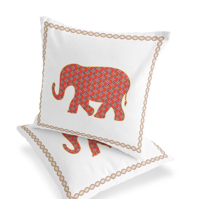 HomeRoots Set of Two 16" X 16" Orange and White Elephant Blown Seam Animal Print Indoor Outdoor Throw Pillow
