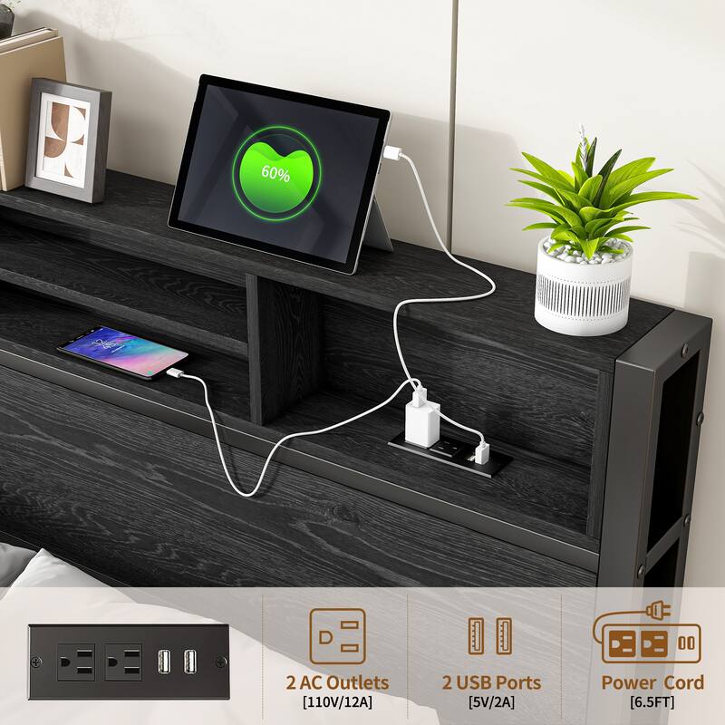 Full Size Bed Frame with Storage Headboard, Charging Station, No Box Spring Needed, Easy Assembly