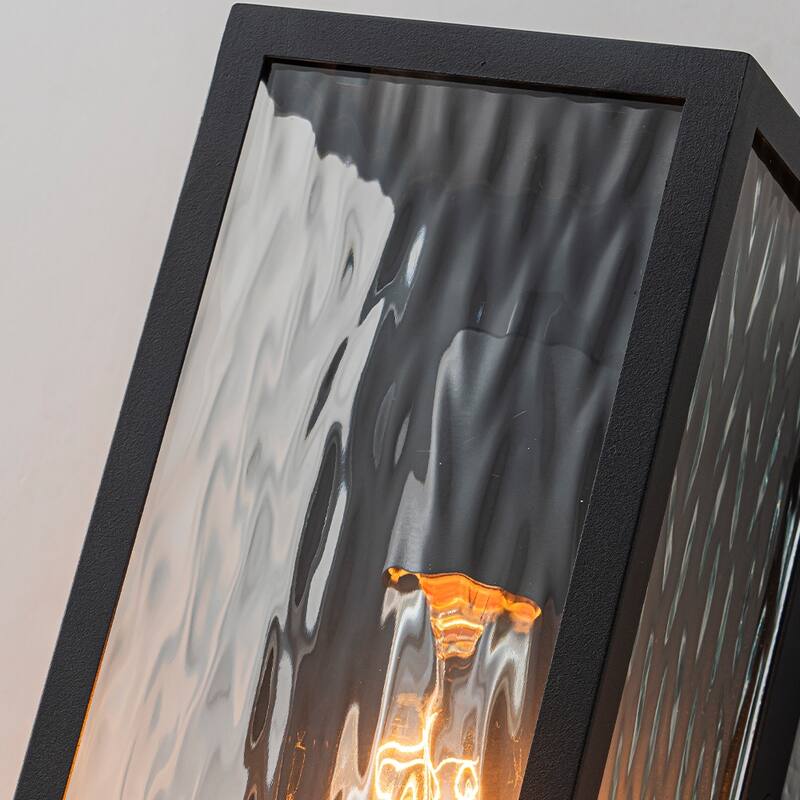 H13" Modern Black Outdoor Wall Sconce with Water Ripple Glass and Dusk to Dawn Sensor Open Bottom Light Fixture for Garage Patio
