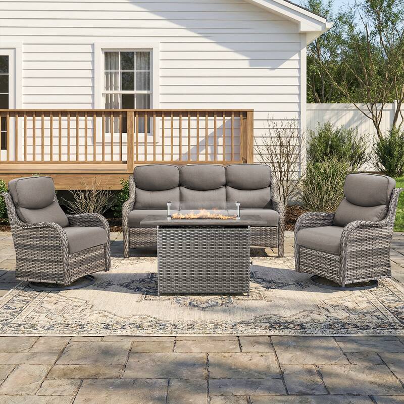 Pocassy Outdoor Fire Pit Sofa Swivel Chairs Conversation Set - Gray Wicker Gray Cushion - 4-Piece Sofa Swivel Chair w/ Fie Pit Table