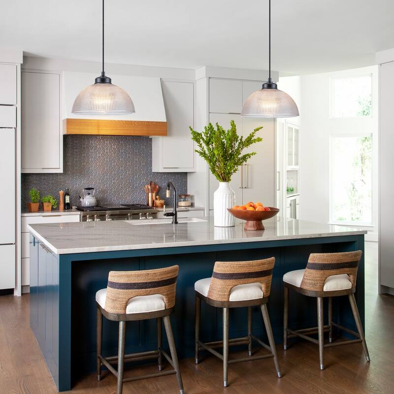 1-Light Matte Black Dome Pendant Textured Glass Kitchen Island Lights for Dining Room