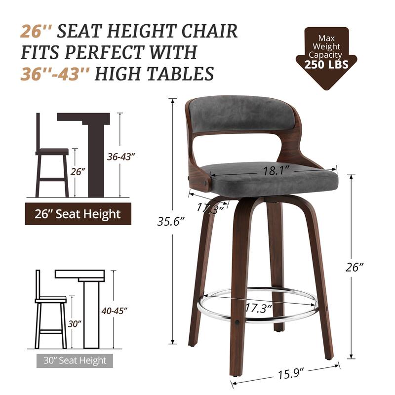 26.in Modern Set of 4 Leather Bar Stool Swivel Upholstered Hollow Back Counter Height Barstool with Wood Frame