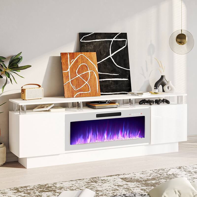 BOSSIN 70 Fireplace TV Stand with 36 Electric Fireplace， LED Light Entertainment Center Modern 2-Tier TV Console Stand