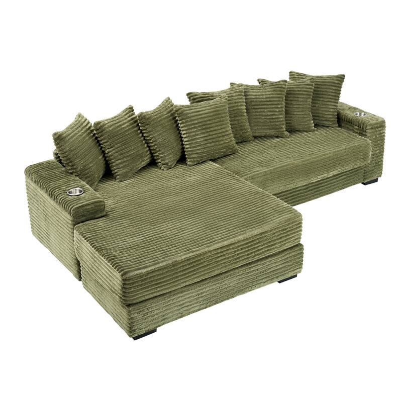 111.4-inch Green Corduroy L-Shaped Sofa with Storage Armrests and Reversible Chaise Lounge
