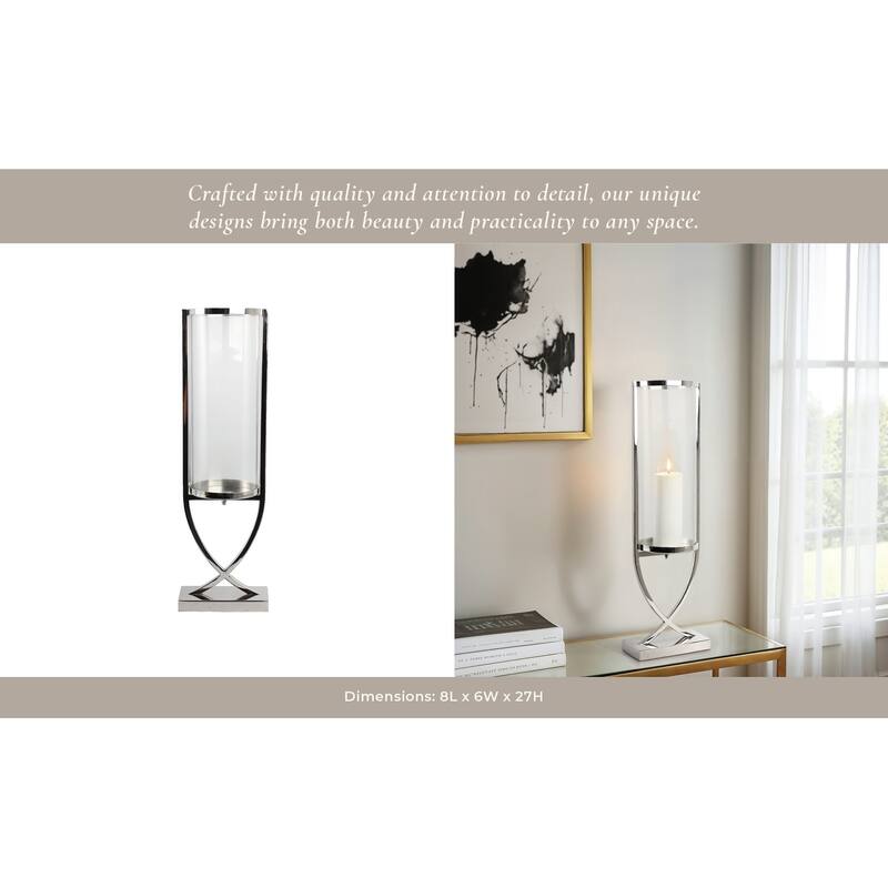 Modern Glass Pillar Candle Holder Decorative Lantern with Steel Frame