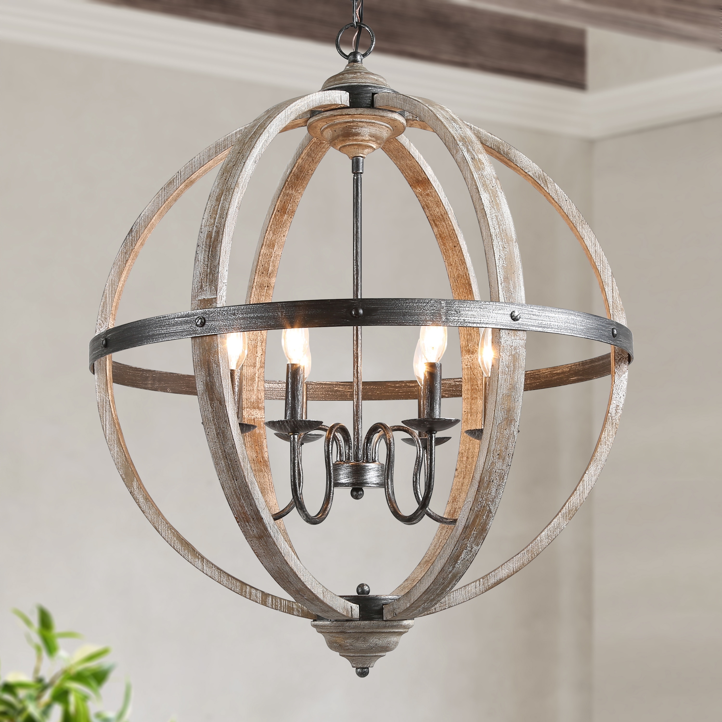 Azizon Farmhouse 6-Light Wood Chandelier Globe Lights for Living Dining Room Hallway
