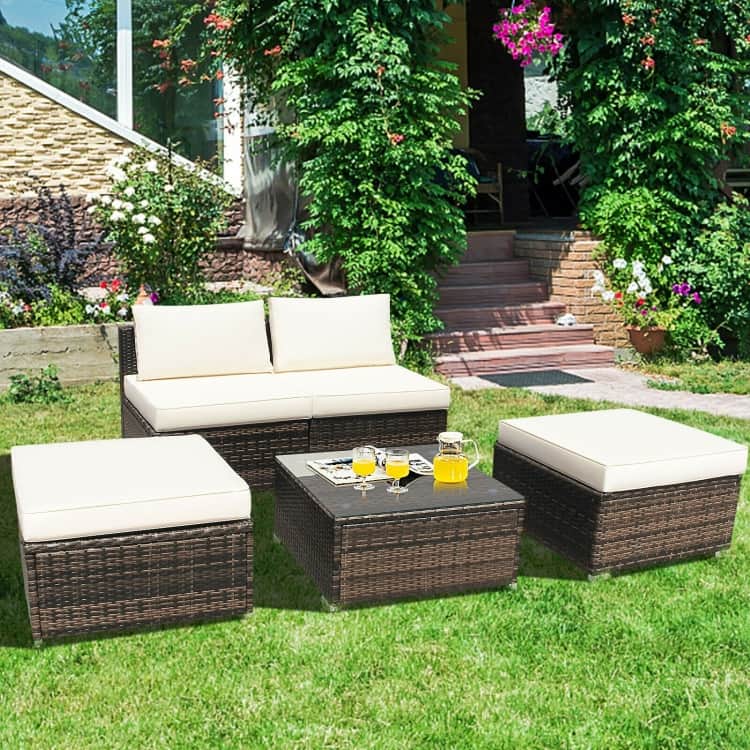 5 Pieces Wicker Lounge Chair Set with Washable Zippered Cushions - 26" x 26" x 13.5" (L x W x H)