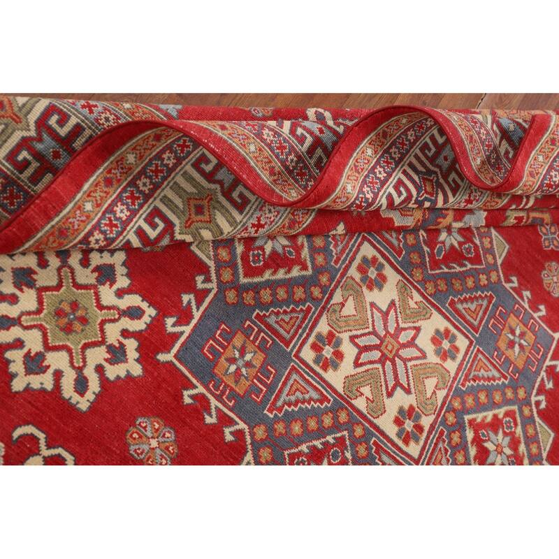 Oriental Red Geometric Kazak Area Rug Hand-Knotted Wool Carpet - 6'5" x 9'8"
