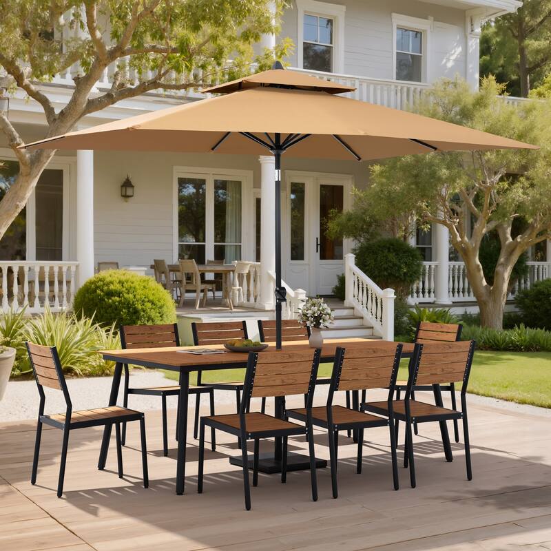 11 PC Outdoor Patio Dining Set Wood-Like Aluminum Umbrella Hole Table with Stackable Chairs,Double Top Market Umbrella and Base - BrownTable&BrwonChairs&TanUmbrella